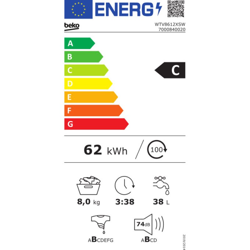 BEKO WTV 8612 XSW Πλυντήριο Ρούχων 8kg - C - 1200/λεπτό - (Υ x Π x Β): 84 x 60 x 54 cm 0022733 BEKO WTV 8612 XSW Πλυντήριο Ρούχων 8kg - C - 1200/λεπτό - (Υ x Π x Β): 84 x 60 x 54 cm 0022733