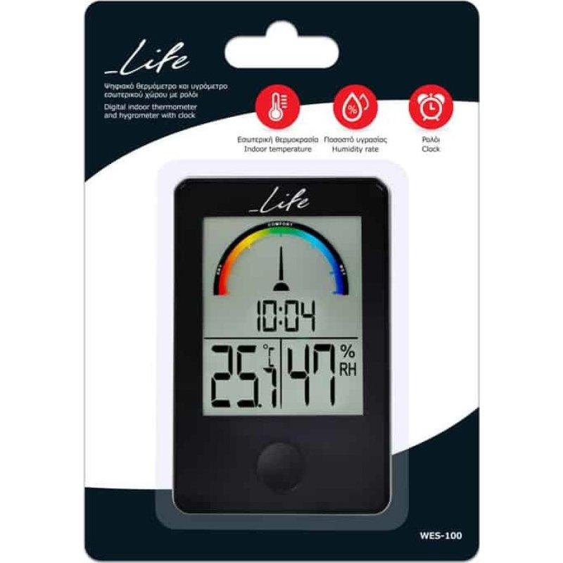 LIFE WES-100 iTemp Ψηφιακό θερμόμετρο / υγρόμετρο εσωτερικού χώρου με ρολόι και έγχρωμη απεικόνιση επιπέδου υγρασίας, σε μαύρο χρώμα. 0030759 LIFE WES-100 iTemp Ψηφιακό θερμόμετρο / υγρόμετρο εσωτερικού χώρου με ρολόι και έγχρωμη απεικόνιση επιπέδου υγρασίας, σε μαύρο χρώμα. 0030759