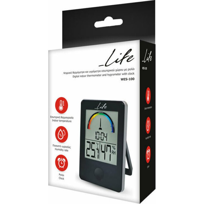 LIFE WES-100 iTemp Ψηφιακό θερμόμετρο / υγρόμετρο εσωτερικού χώρου με ρολόι και έγχρωμη απεικόνιση επιπέδου υγρασίας, σε μαύρο χρώμα. 0030759 LIFE WES-100 iTemp Ψηφιακό θερμόμετρο / υγρόμετρο εσωτερικού χώρου με ρολόι και έγχρωμη απεικόνιση επιπέδου υγρασίας, σε μαύρο χρώμα. 0030759