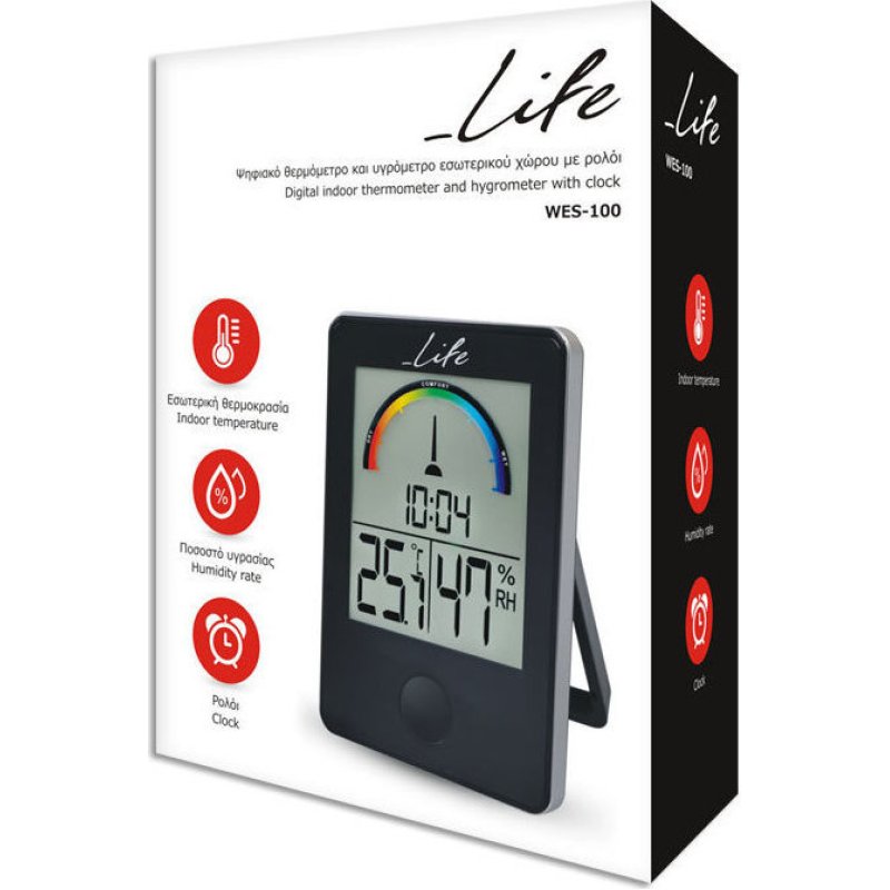 LIFE WES-100 iTemp Ψηφιακό θερμόμετρο / υγρόμετρο εσωτερικού χώρου με ρολόι και έγχρωμη απεικόνιση επιπέδου υγρασίας, σε μαύρο χρώμα. 0030759 LIFE WES-100 iTemp Ψηφιακό θερμόμετρο / υγρόμετρο εσωτερικού χώρου με ρολόι και έγχρωμη απεικόνιση επιπέδου υγρασίας, σε μαύρο χρώμα. 0030759