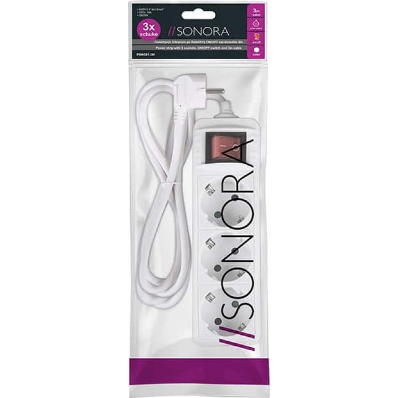SONORA PSW301-3M Πολύπριζο 3 Θέσεων με Διακόπτη και Καλώδιο 3m Λευκό 0034969 SONORA PSW301-3M Πολύπριζο 3 Θέσεων με Διακόπτη και Καλώδιο 3m Λευκό 0034969