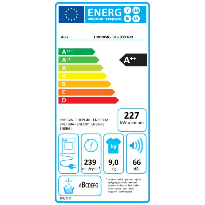 AEG TR819P4G Στεγνωτήριο 9kg A++ με Αντλία Θερμότητας 0036867 AEG TR819P4G Στεγνωτήριο 9kg A++ με Αντλία Θερμότητας 0036867