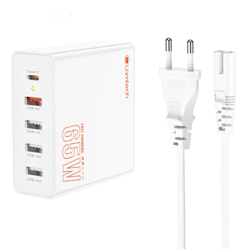 LAMTECH GaN ταχυφορτιστής 1xTYPE-C & 4xQC3.0 65W & EU CABLE 1.5M 0037735 LAMTECH GaN ταχυφορτιστής 1xTYPE-C & 4xQC3.0 65W & EU CABLE 1.5M 0037735