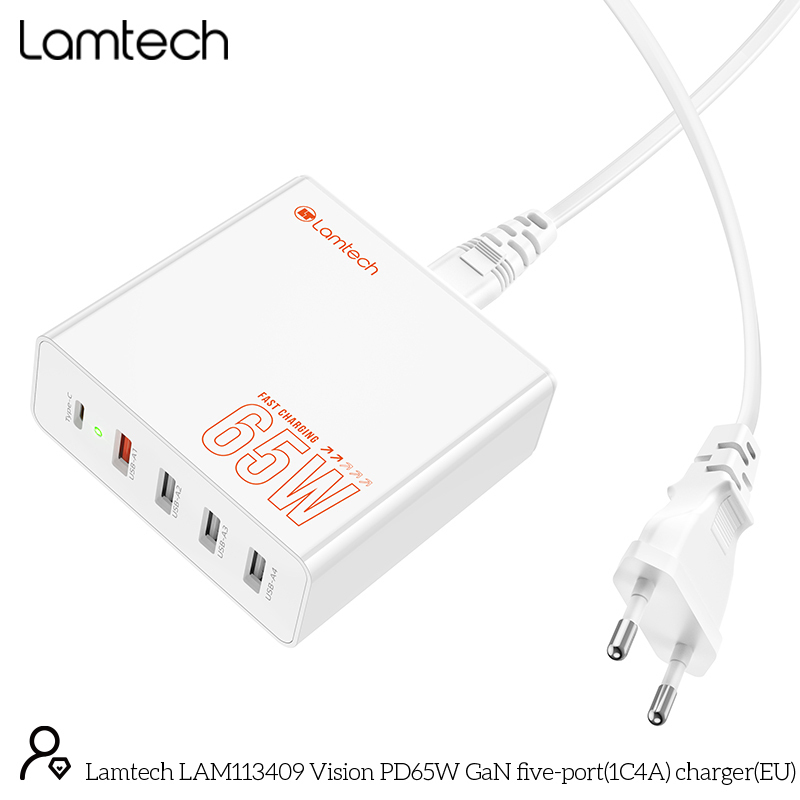LAMTECH GaN ταχυφορτιστής 1xTYPE-C & 4xQC3.0 65W & EU CABLE 1.5M 0037735 LAMTECH GaN ταχυφορτιστής 1xTYPE-C & 4xQC3.0 65W & EU CABLE 1.5M 0037735
