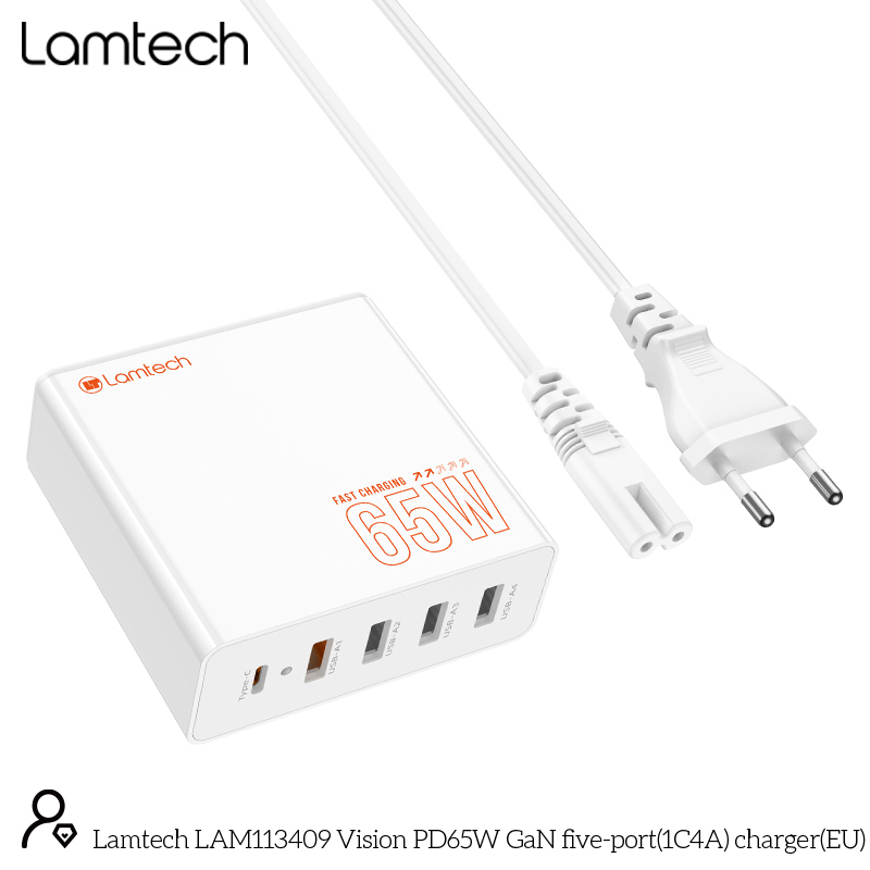 LAMTECH GaN ταχυφορτιστής 1xTYPE-C & 4xQC3.0 65W & EU CABLE 1.5M 0037735 LAMTECH GaN ταχυφορτιστής 1xTYPE-C & 4xQC3.0 65W & EU CABLE 1.5M 0037735