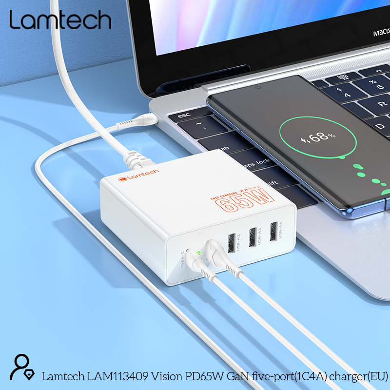 LAMTECH GaN ταχυφορτιστής 1xTYPE-C & 4xQC3.0 65W & EU CABLE 1.5M 0037735 LAMTECH GaN ταχυφορτιστής 1xTYPE-C & 4xQC3.0 65W & EU CABLE 1.5M 0037735