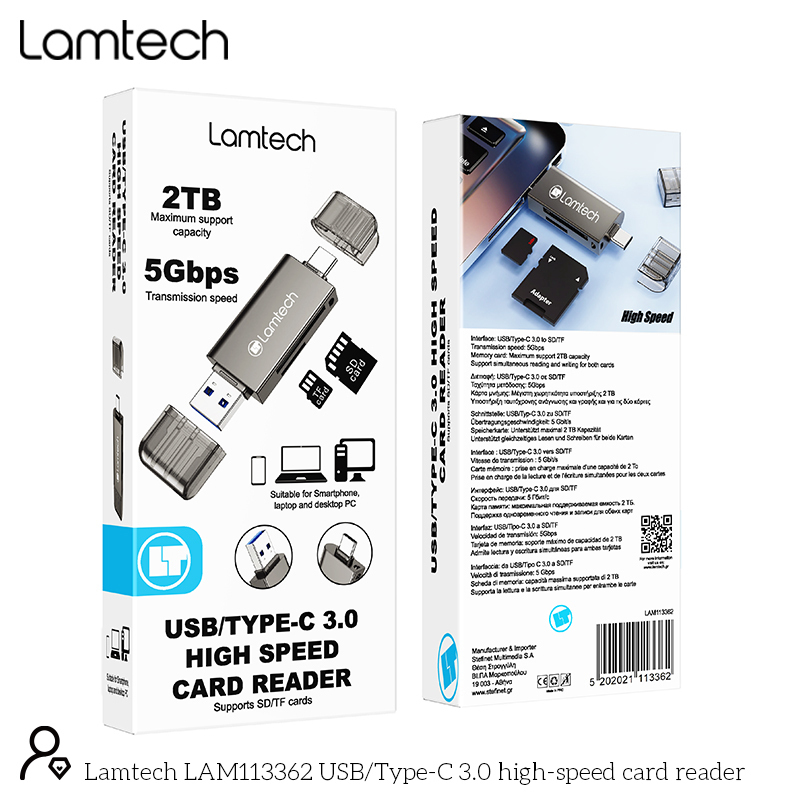 LAMTECH LAM113362 usb/type-c 3.0 card reader υψηλής ταχύτητας /μεταλλικό Γκρί 0037738 LAMTECH LAM113362 usb/type-c 3.0 card reader υψηλής ταχύτητας /μεταλλικό Γκρί 0037738