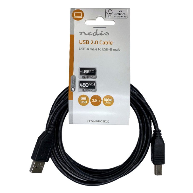 NEDIS CCGL60100BK20 USB 2.0 Καλώδιο USB-A Αρσ USB-B Αρσ 10W 2.00m Μαύρο 0040789 NEDIS CCGL60100BK20 USB 2.0 Καλώδιο USB-A Αρσ USB-B Αρσ 10W 2.00m Μαύρο 0040789