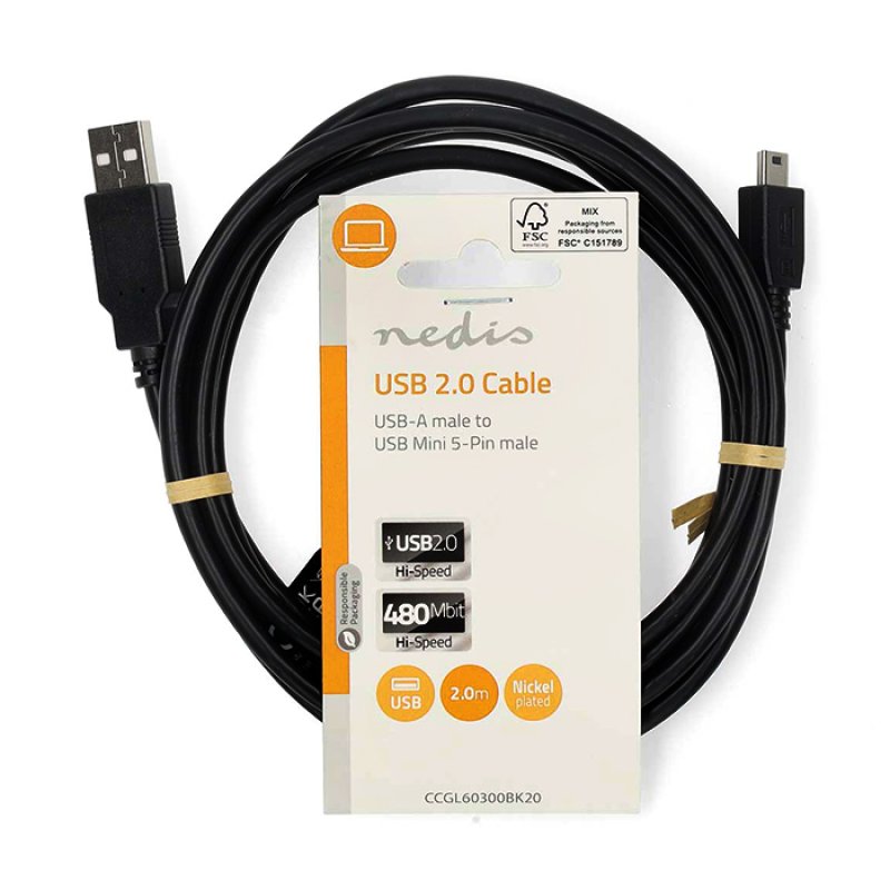 NEDIS CCGL60300BK20 Καλώδιο USB High-Speed A αρσ. - Mini USB 5-pin αρσ., 2.00m σε μαύρο χρώμα 0040798 NEDIS CCGL60300BK20 Καλώδιο USB High-Speed A αρσ. - Mini USB 5-pin αρσ., 2.00m σε μαύρο χρώμα 0040798