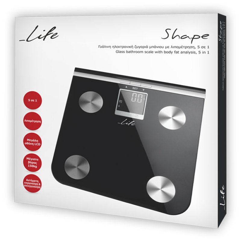 LIFE Shape 221-0076 Γυάλινη ηλεκτρονική ζυγαριά μπάνιου με λιπομέτρηση, 5 σε 1. 0040938 LIFE Shape 221-0076 Γυάλινη ηλεκτρονική ζυγαριά μπάνιου με λιπομέτρηση, 5 σε 1. 0040938