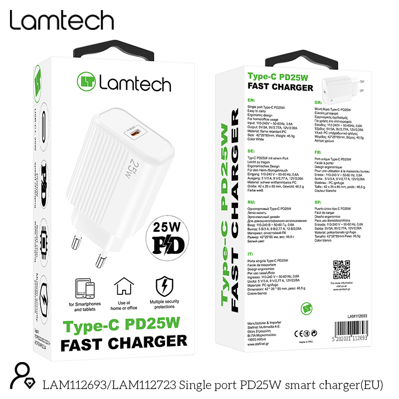 LAMTECH LAM112693 Φορτιστής χωρίς Καλώδιο με θύρα USB-C 25W Power Delivery Whites 0041030 LAMTECH LAM112693 Φορτιστής χωρίς Καλώδιο με θύρα USB-C 25W Power Delivery Whites 0041030