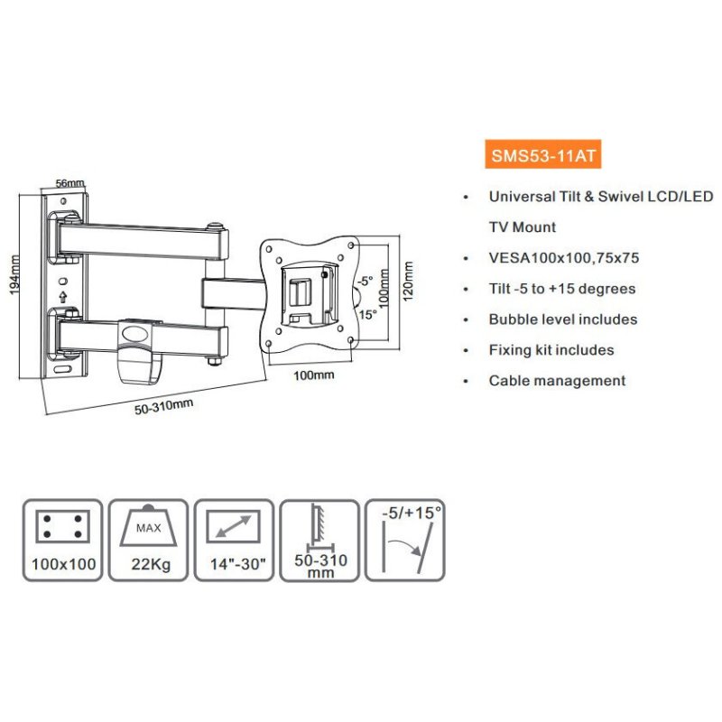 FOCUS MOUNT SMS53-11AT Βάση Τηλεόρασης Τοίχου με Βραχίονα έως 43 FOCUS MOUNT SMS53-11AT Βάση Τηλεόρασης Τοίχου με Βραχίονα έως 43